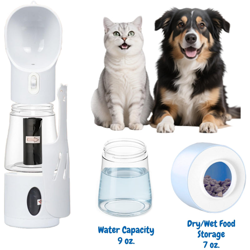 All-in-One Portable Dog Water Bottle, Food Dispenser, Poop Bag Dispenser, Dry/Wet Food Container 7 oz., Travel Water Bottle 9oz., 2 Poop Bags Included, Food Grade Plastic, Leak Proof-Grey Color - PawsPlanet Australia