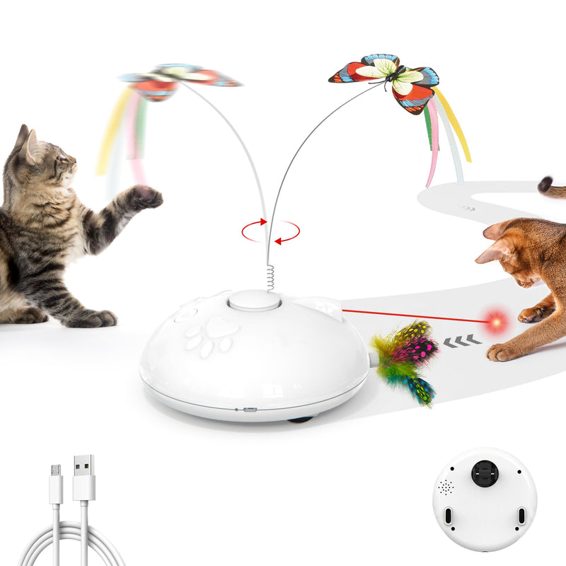 Potaroma Electric Running Cat Laser Toys Interactive, Fluttering Butterfly, 4in1 Automatic Rechargeable Kitten Toy, Colored Feather, Indoor Exercise Cat Kicker, White