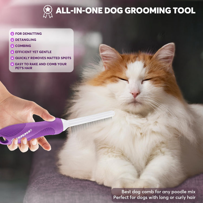 Grooming Comb for Dogs and Cats with Matted Hair, Detangling Pet Comb with Long and Short Stainless Steel Metal Fine Teeth for Removing Mats, Tangles, Knots & Loose Fur from The Undercoat Purple