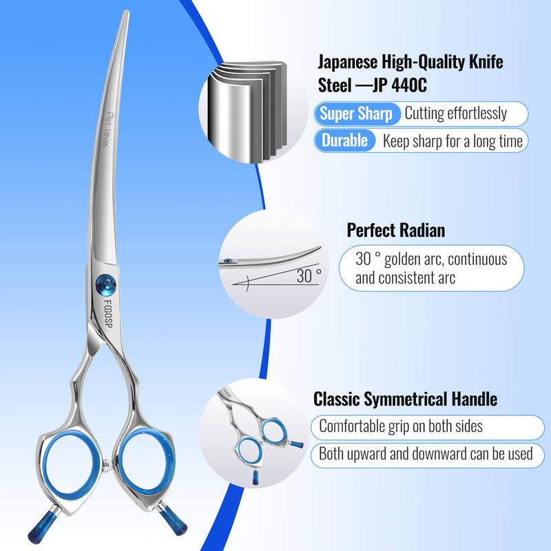 Curved Dog Grooming Scissors 7.5 in Curve Shears for Pet Dogs Cat Japan 440C 30°Arc Upward & Downward Classic Handle for Trimming Face and Paws(7.5, Curved) - PawsPlanet Australia