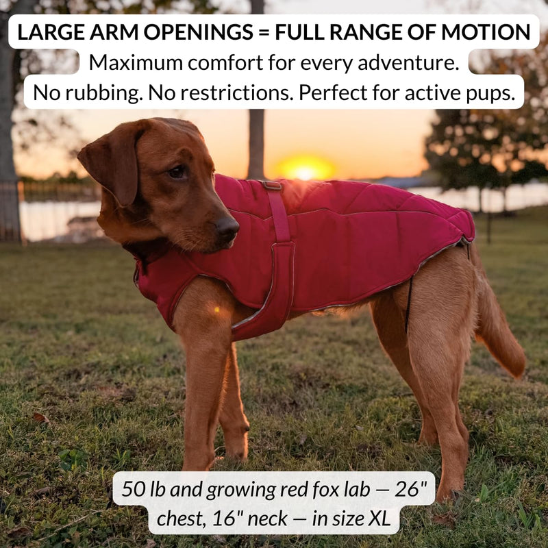 DJANGO Insulated Winter Dog Coat – Warm, Water-Repellent Puffer Jacket for Medium & Large Dogs – Adjustable, Reflective, Cozy Cold-Weather Dog Coat with Harness Hole for Snow – Firelight Red, Large