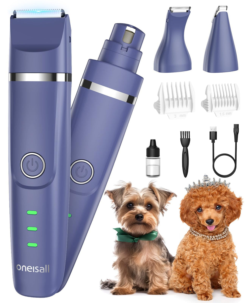 oneisall Small Dog Clippers, Quiet Cordless Dog Paw Trimmer & Nail Grinder, Dog Grooming Kit for Small Dogs with Guards, 2 Speed Dog Trimmers for Small Dogs(Blue)