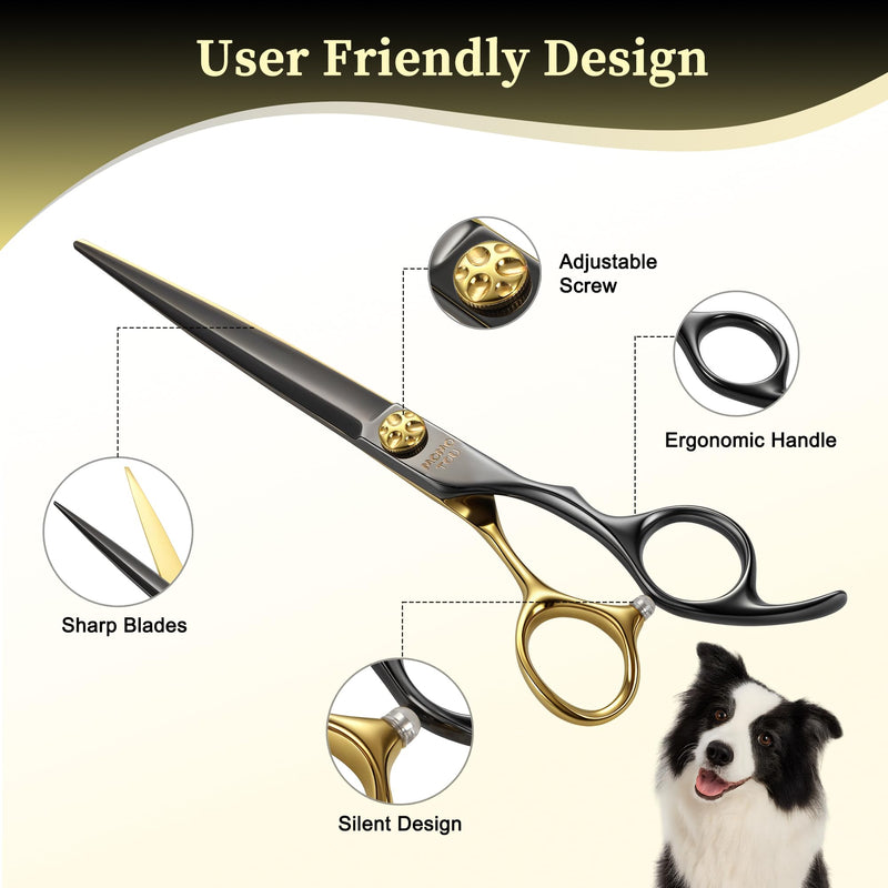 7'' Straight Dog Grooming Scissors CNC 440C Blades Sharp and Durable Dog Shears Black and Gold Pet Scissors Smooth Cutting Easy to Use for Professional Groomer - PawsPlanet Australia