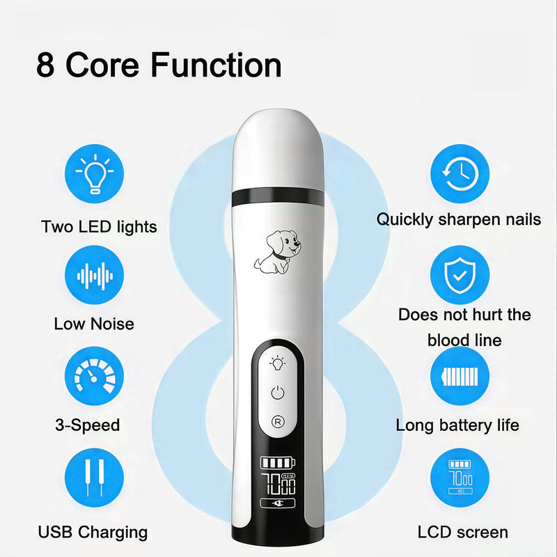 PASHOP Dog Nail Grinders, LED Dog Nail File with 2 Grinding Heads & 3 Speed, Rechargeable Low Noise Dog Claw Grinder for Dogs, Cat