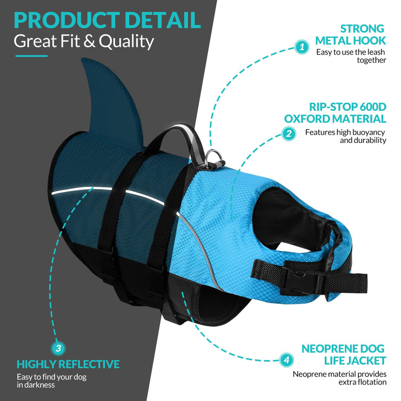 Queenmore Small Dog Life Jacket,Shark Dog Life Vest for Swimming,Puppy Light Life Preserver for Boating Kayaking Canoeing,Pet Lifesaver with High Buoyancy,Rescue Handle,Leash Hook (Peacock Blue,L) Large Peacock Blue - PawsPlanet Australia