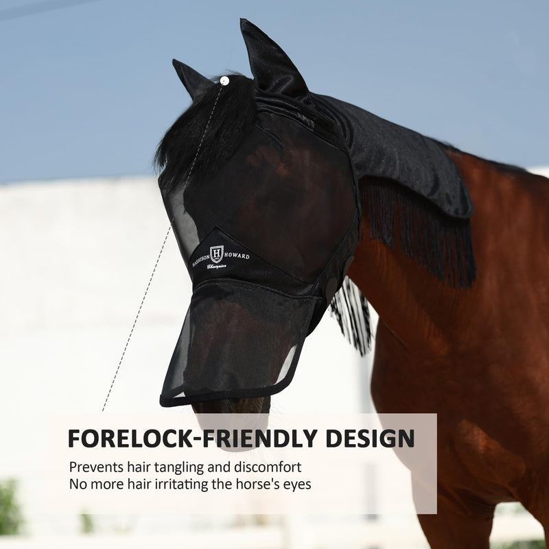 Harrison Howard Pro Fly Mask with Extended Neck Cover Large Eye Space Full Face UV-Proof Mane Styling for Horse Black L - PawsPlanet Australia