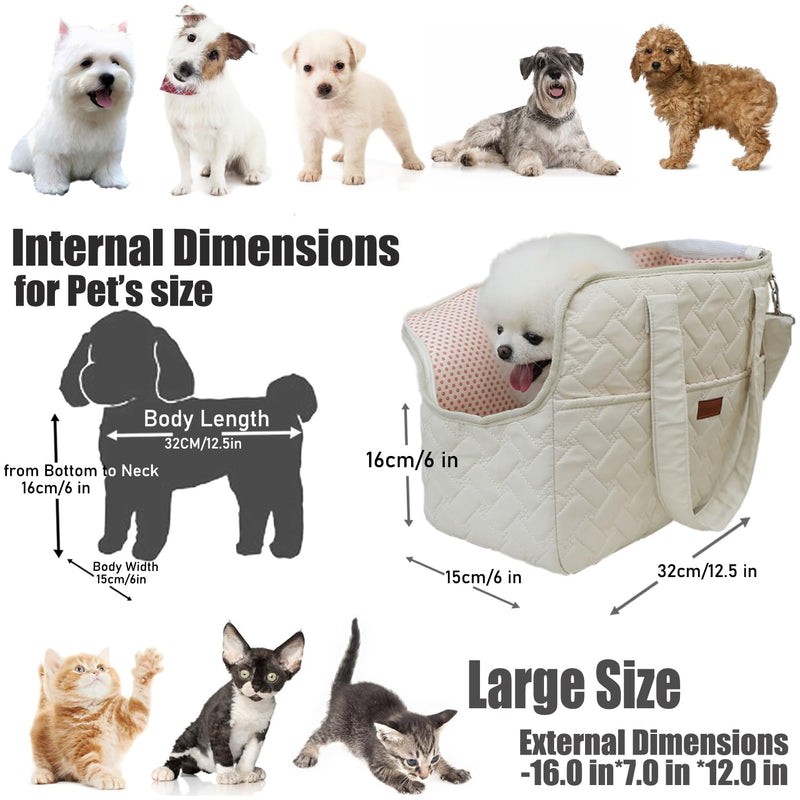 HSC PET Beige Small Dog Bag Woman,Cat Carrier Quilted Pet Soft Sided Leisure Pups Totes Traveling Go to Vet,Pet Function Handbag with 3 Pockets,12 lbs Puppy/15 lbs Cat or Kittens 16.1"L x 11.8"W x 7.1"H - PawsPlanet Australia