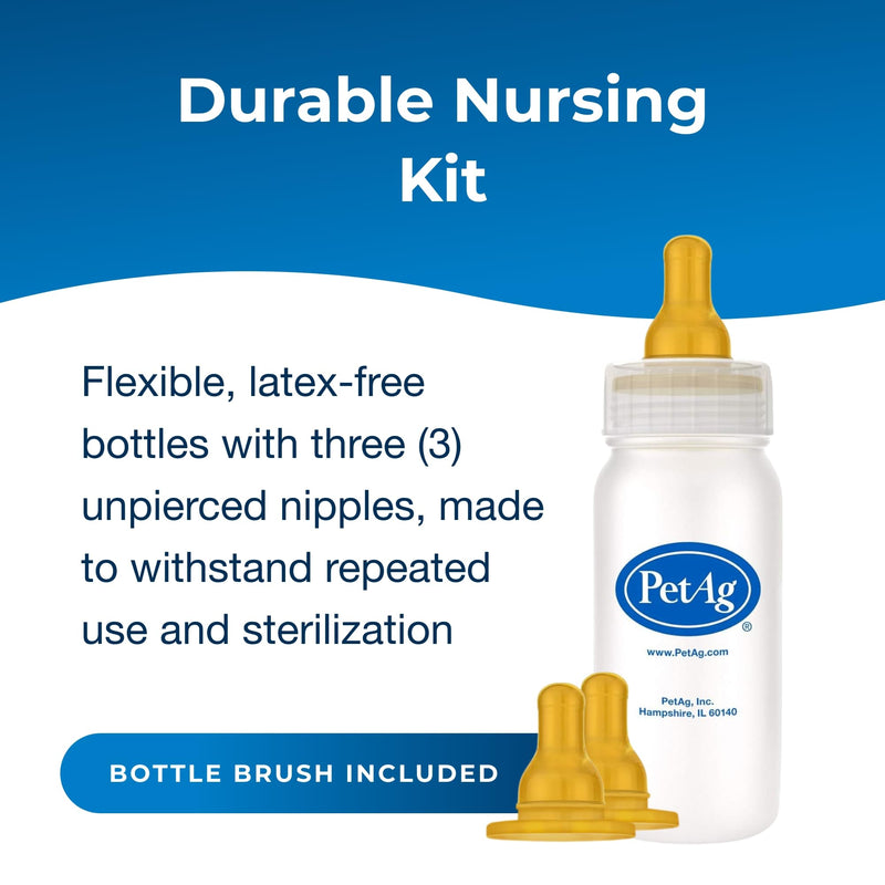 Pet-Ag Nursing Kit - 4 oz - Promotes The Natural Feeding of Liquids to Baby Animals - Each Kit Includes 4 oz. Bottle with Cap, 3 Nipples & Cleaning Brush 4oz Bottle Kit