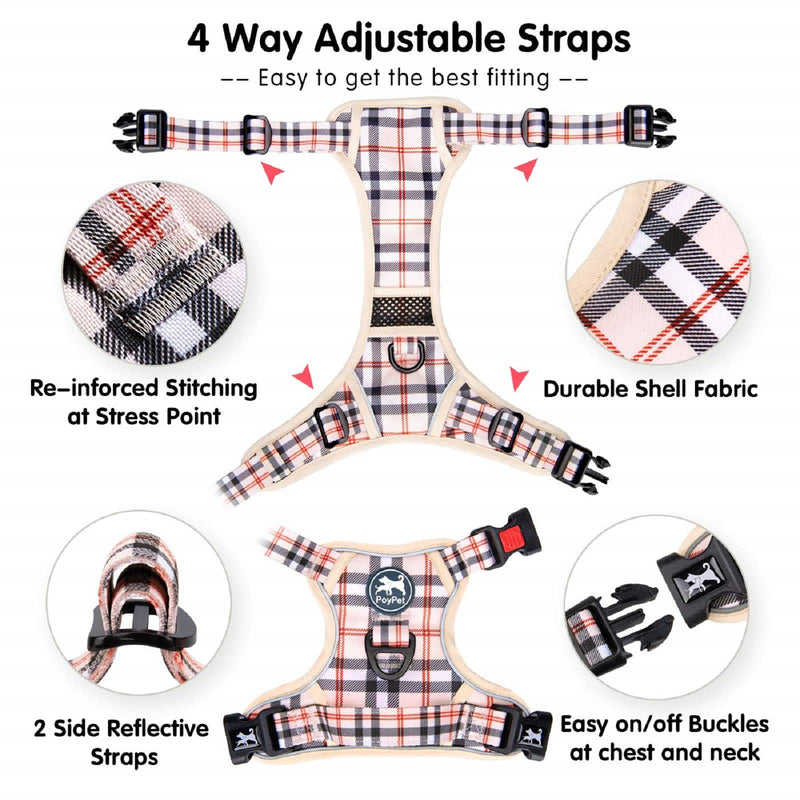 PoyPet Plaid Dog Harness, No Pull Front Clip Pet Vest Harness, Soft Padded Reflective Adjustable Walking Harness with Handle for Medium Dogs(Checkered Beige,M) Checkered Beige
