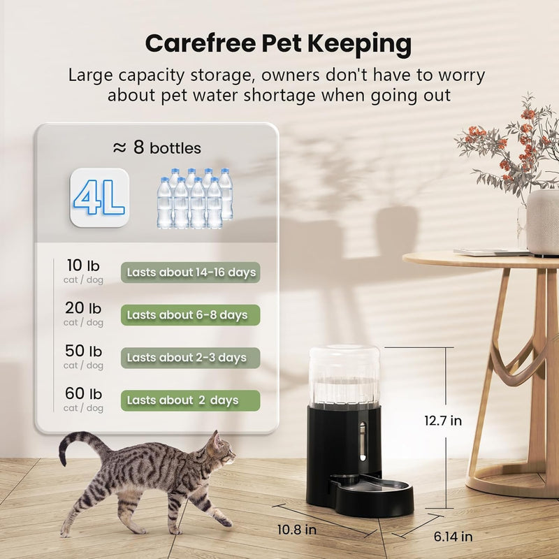 CZPET Automatic 4L/135Oz/1Gal Cat Water Dispenser with Stainless Steel Bowl, Gravity Waterer for Small Medium Dog Puppy Kitten (Black) Black - PawsPlanet Australia