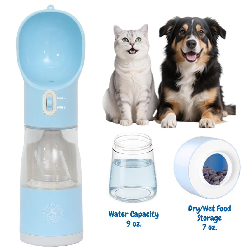 All-in-One Portable Dog Water Bottle, Food Dispenser, Poop Bag Dispenser, Dry/Wet Food Container 7 oz., Travel Water Bottle 9oz., 2 Poop Bags Included, Food Grade Plastic, Leak Proof-Blue Color - PawsPlanet Australia