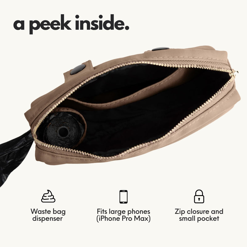 elby - Hands Free Dog Leash with Treat Pouch - Dog Walking Accessories - Dog Training Leash with Fanny Pack - Dog Accessories and Walking Essentials - Medium and Large Dogs (Dark Beige, Regular) Dark Beige - PawsPlanet Australia