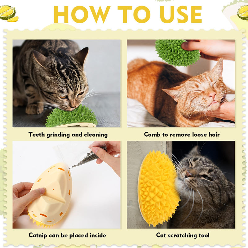 Hiboom 2 Pcs Cat Wall Corner Scratcher Durian Shaped Self Groomer Face Scratcher Massage Comb Grooming Brush Tool for Indoor Long & Short Fur Kitten Dogs, Green and Yellow - PawsPlanet Australia