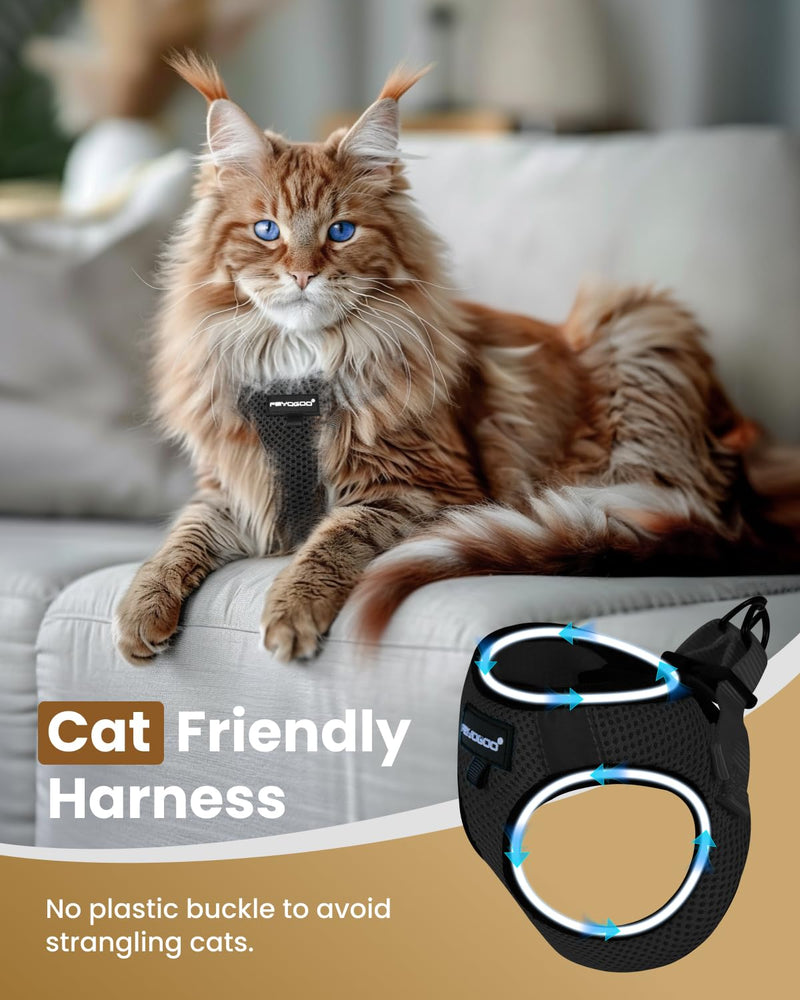 FAYOGOO Cat Harness and Lead Set Escape Proof for Extra Large Big Cat Lightweight Adjustable Soft with Leash Easy to Put On with Handle Size XL (Chest: 14-16" / 35.6-40.6 cm) Black