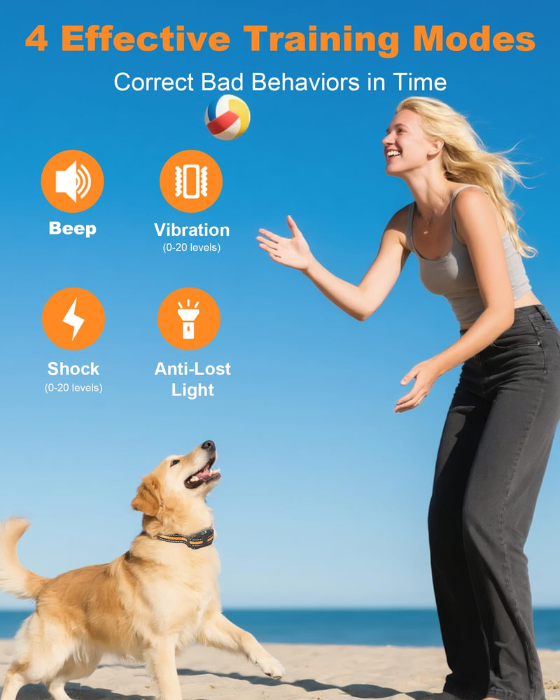 Dog Shock Collar with Remote Control – IP67 Waterproof Dog Training Collar with Beep, Vibration, Shock, Flashlight, Long-Lasting Battery, Safe for Dogs 8–120 lbs Orange - PawsPlanet Australia