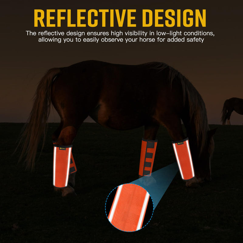 Fly Boots for Horses Set of 4,Extra Tough Mesh Horse Fly Boots with 2 Built-in Metal Supports,Breathable Fly Leggings for Horses with Fleece Trimming and Reflective Webbing (Orange, Large) Orange