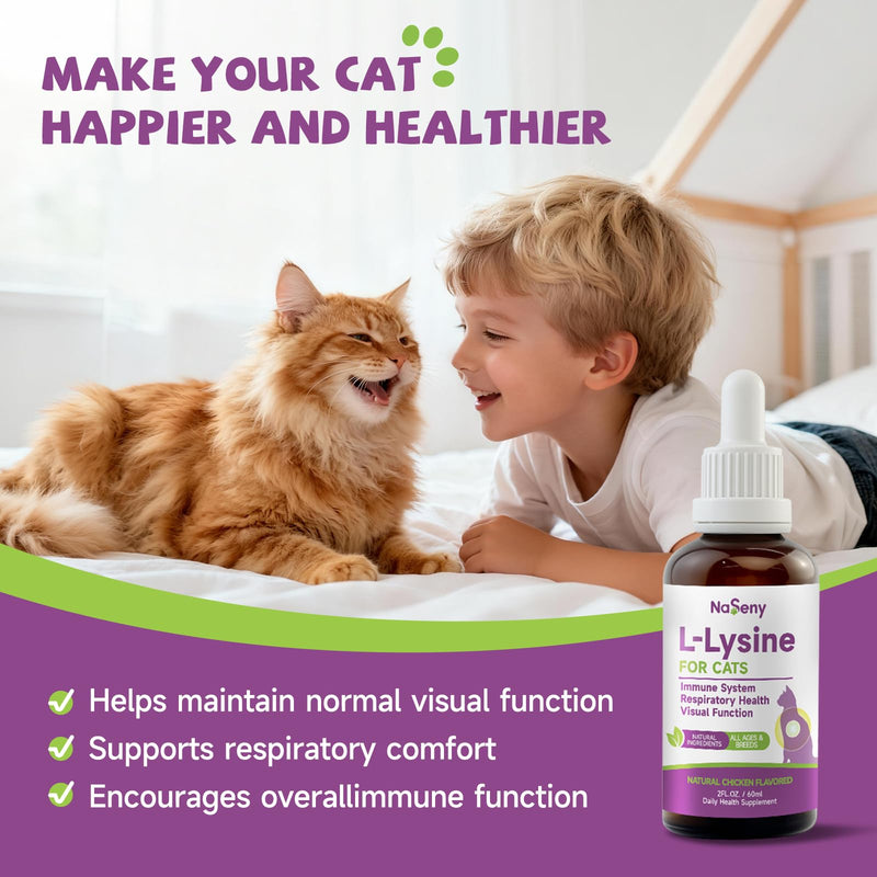 L-Lysine for Cats, L-Lysine Supplement for Cats, Immune Support, Respiratory, & Eye Health with Astragalus, Codonopsis,& Vitamin B Complex, Eases Sneezing, Runny Nose, and Watery Eyes, 2FL oz