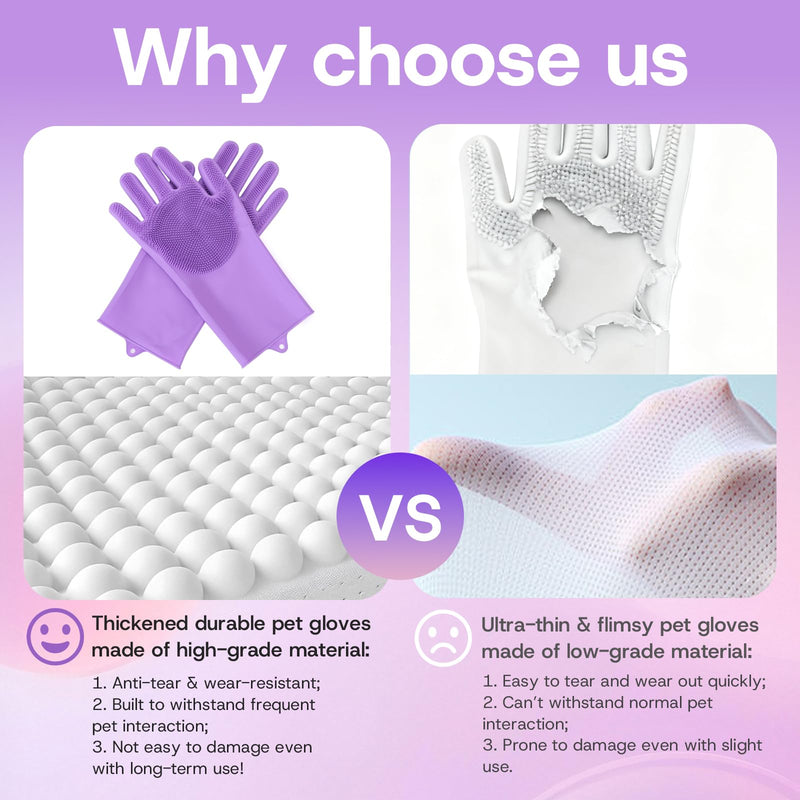 2-Pair Pet Hair Remover Glove for Dogs and Cats Washing, Grooming, & Deshedding – Multipurpose Silicone Dog Bath Gloves, Cat Brush Glove Mitt for Pet Cleaning & Household Use (Purple & Grey) Gray and purple two-tone