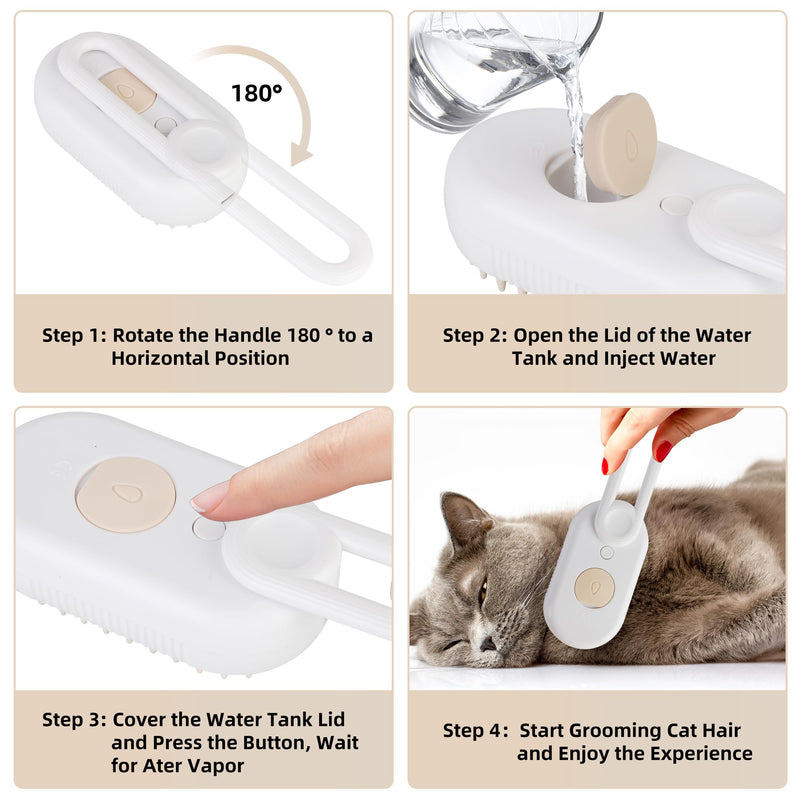 Cat Dog Hair Steam Brush: 4 in 1 Pet Grooming Tool Rechargeable Groomer Silicone Comb for Massage, Cleaning, Shedding and Combing, Anti-Static, 360° Portable Handle for Long or Short Hair Pet (White) White - PawsPlanet Australia