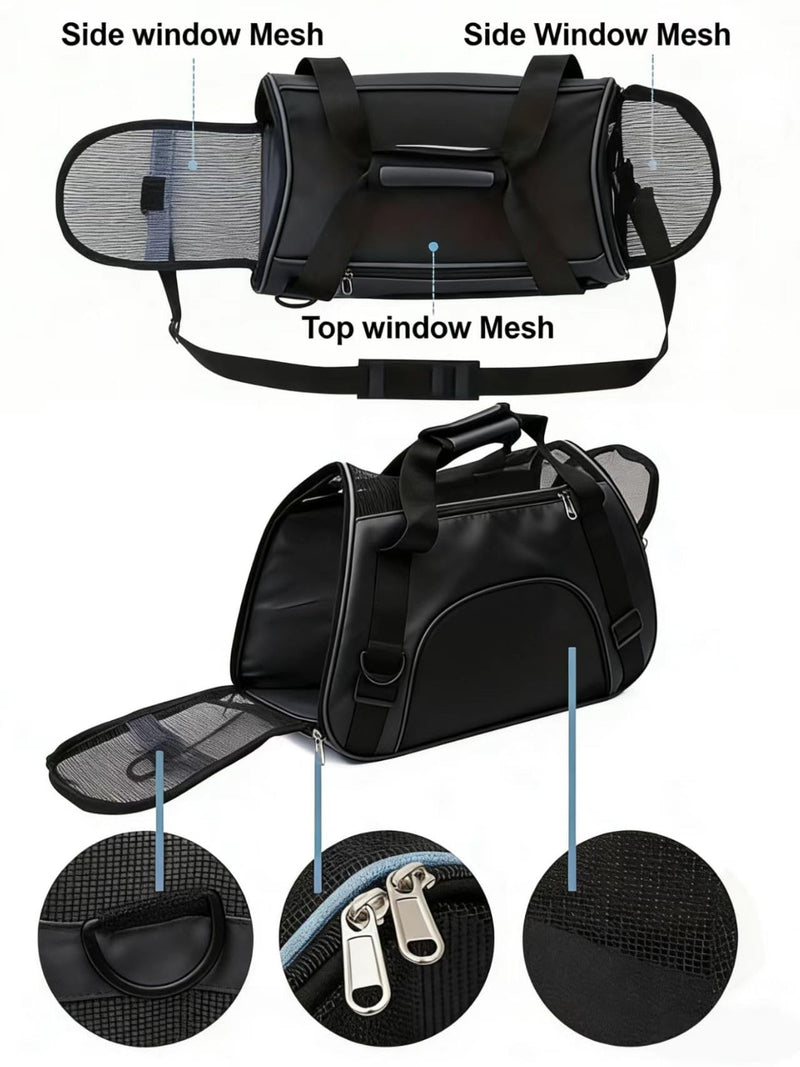 Breathable Pet Carrier Bag for Small/Medium Dogs & Cats, Portable Travel Pet Handbag with Mesh Windows, Waterproof Oxford Fabric Pet Carrier with Adjustable Shoulder Strap (Black) Black