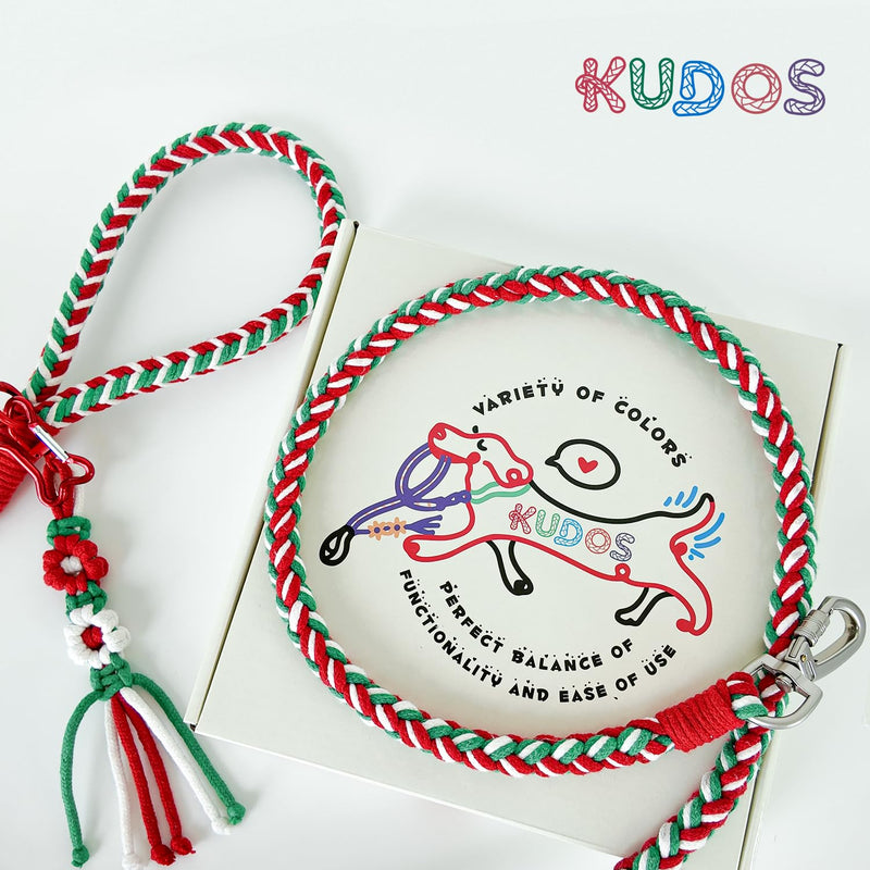 KUDOS Braided Cotton Dog Leash – Secure Lock & Comfy Handle, Handwoven Rope in Red Green White, 5.2ft Leash with Floral Accent for Small to Large Dogs, Christmas Style Holiday Cheer