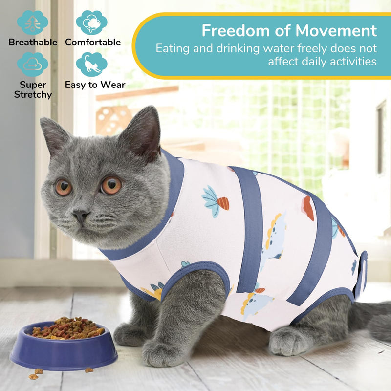 SUNFURA Cat Recovery Suit, Breathable Cat Surgery Recovery Suit Kitten Onesie for Cats After Surgery, Cat Surgical Spay Suit Male Female E-Collar Alternative Anti Licking Wounds, Blue S Small Blue Dinasour