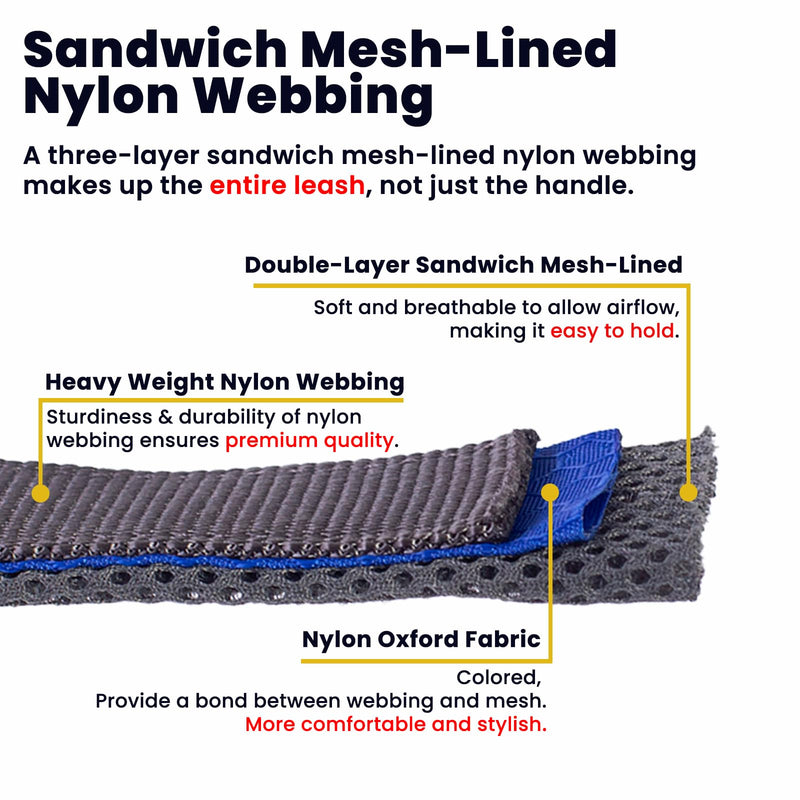 2 Handle Dog Leash, with Sandwich Mesh-Lined Webbing Traffic Padded, 6ft Long for Control Saftey Training for Large Dogs Pull, Dual Handles Leads (Black/Grey, 1'' X 6ft.) 1'' X 6ft. Black/Grey - PawsPlanet Australia