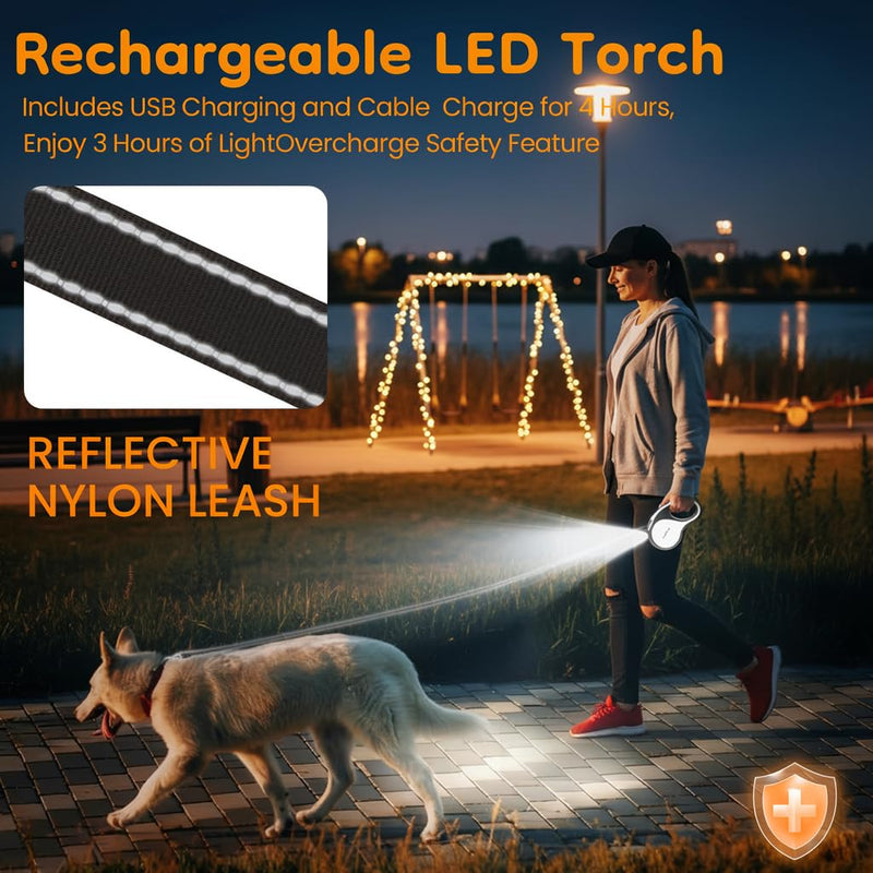 Retractable Dog Leash for Large Dogs with LED Light, 16.4ft Long Pet Leash up to 110lb Pull, 360° Tangle-Free One-Button Control for Small & Large Dogs & Cats, with Charging Cable, White - PawsPlanet Australia