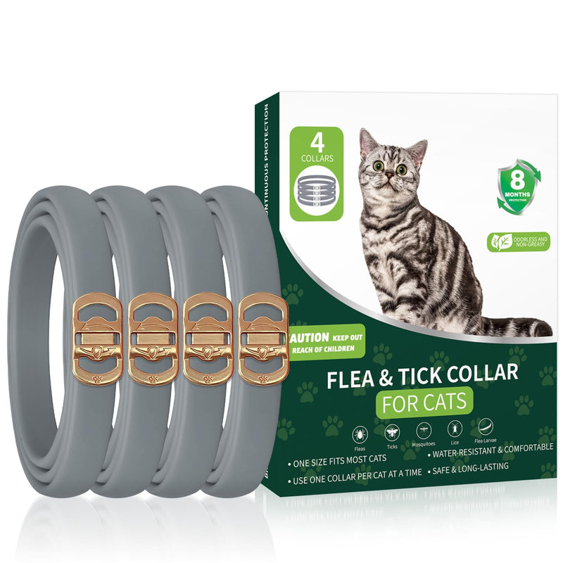 4 Pack Flea Collar for Cats, 32 Months Flea and Tick Prevention for Cats, Cat Flea Treatment, Adjustable Cat Flea Collars, Waterproof Cat Flea and Tick Treatment Collar, Flea Treatment for Cat, Grey