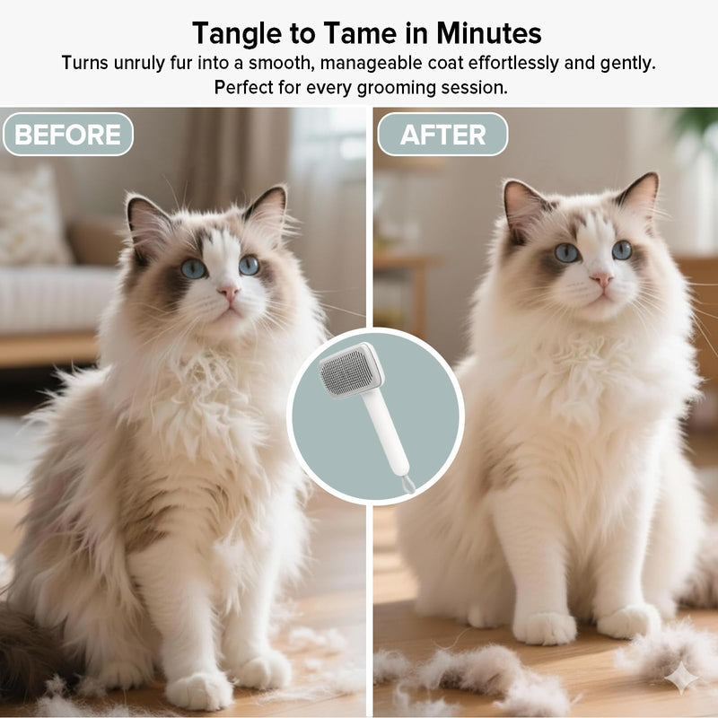 Cat Brush for Shedding, Industry-First Adjustable Cat Brushes for Indoor Cats, Self-Cleaning Slicker brush, 264 Skin-Friendly Needles for Long or Short Haired Dogs, Perfect for Deshedding & Massaging White