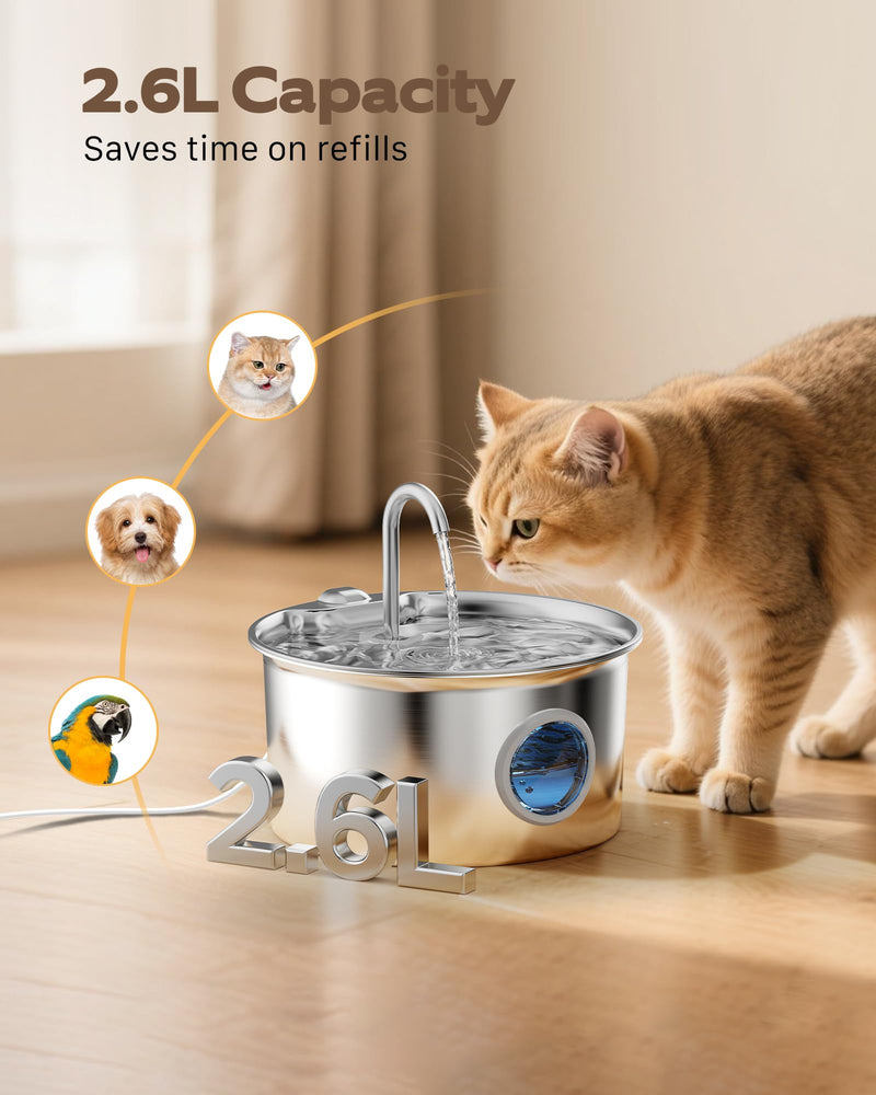Stainless Steel Cat Water Fountain: Cat Fountain for Drinking - 88oz/2.6L Pet Water Fountain for Cats Inside- Silent Cats Water Bowl Dispenser - Kitty Drinking Fountains - 6 Filters + 3 Sponges Cat Fountain+6 Filters +3 Sponges - PawsPlanet Australia