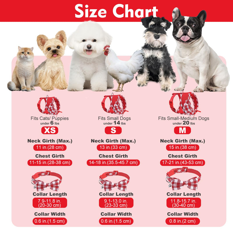 EXPAWLORER Cute Dog Harness Collar Leash Set - Red Girl Dog Harness Checkered Step-in Design, Detachable Bow Pet Collar, Adjustable No-Choke Lightweight Mesh Vest for Cats Puppy Small Dogs, S Red (with Collar) - PawsPlanet Australia