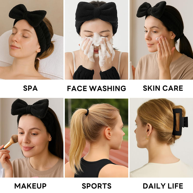 MAORULU 20PCS Spa Headband Set for Women Teens Girls with 4 Snap Hair Clips, 3 Cute Claw Clips, 10 Hair Ties, 2 Wristbands, 1 Headband, Face Wash Makeup Skincare Gift Box (Black, Large) Blacklack - PawsPlanet Australia