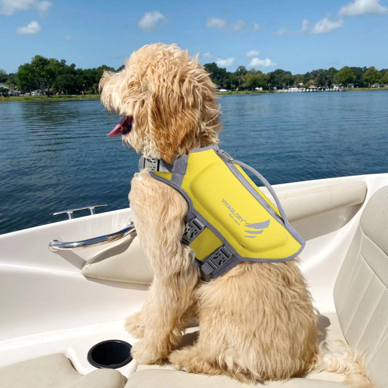 VIVAGLORY Lightweight Dog Life Jacket, Pet Life Preserver Life Vest Skin-Friendly Neoprene for Small Dogs with D-Ring and Quick Release Buckle, Yellow S: 19-22 inch (Ribcage Girth)