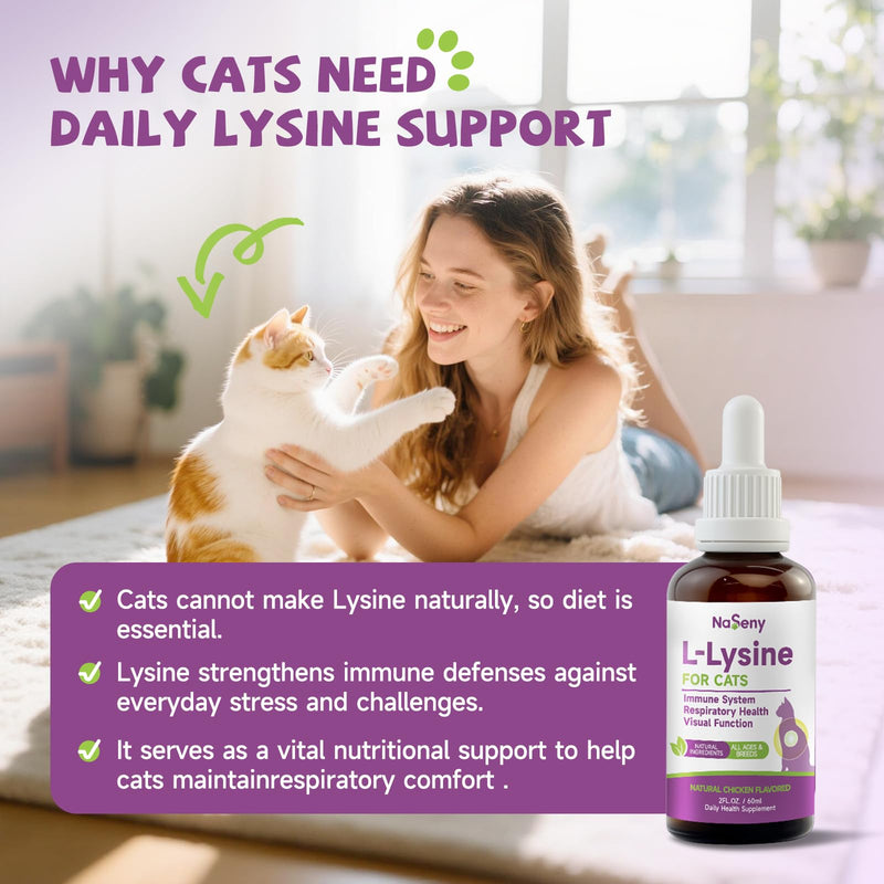 L-Lysine for Cats, L-Lysine Supplement for Cats, Immune Support, Respiratory, & Eye Health with Astragalus, Codonopsis,& Vitamin B Complex, Eases Sneezing, Runny Nose, and Watery Eyes, 2FL oz
