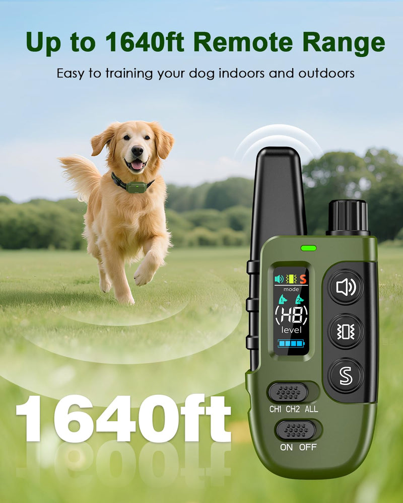 Shock Collar for Dogs, IP67 Waterproof Dog Training Collar with Remote Control, 3 Modes: Beep, Vibration, Safe Static, Rechargeable Adjustable for 15-110lbs Medium Large Dogs Green