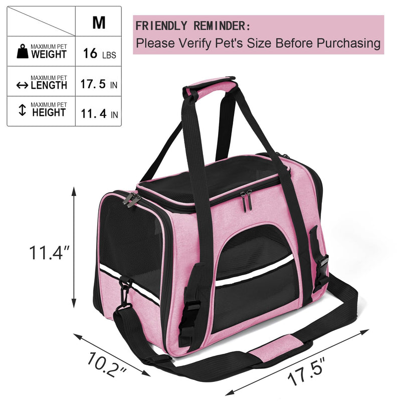 Dog Cat Carrier Soft for Small Pet Up to 16 Lbs TSA Airline Approved Travel Carrier Collapsible Puppy Car Mesh Bag 17.5 * 10.2 * 11.4 inch - Pink - PawsPlanet Australia