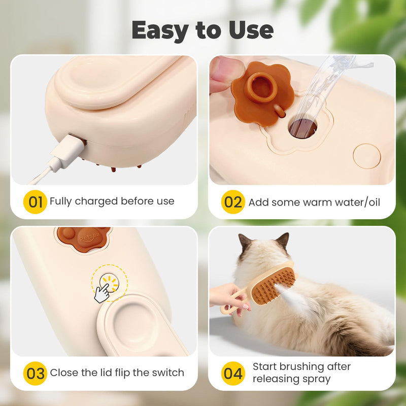 Cat Steam Brush for Shedding, 4 in 1 Rechargeable Steam Brush for Cats and Dogs, Anti-Static, Massage, flea comb for cats& Pet Removal Hair Glove,Shedding & Combing All In One! Beige - PawsPlanet Australia