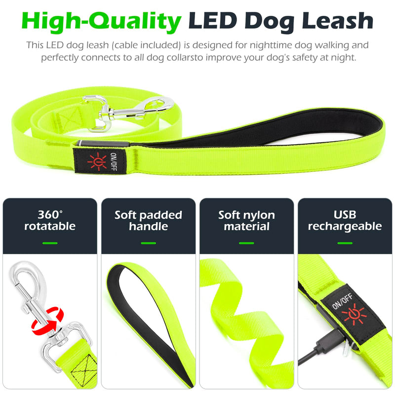 LED Dog Leash Light Up 4 Feet Micro USB Rechargeable Nylon Webbing Glow Safety Standard by Bpawser (Green) Green - PawsPlanet Australia