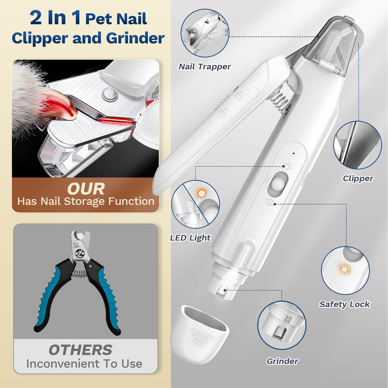 2-in-1 Dog & Cat Nail Clipper with Grinder - Dual Highlight LED Reduce Over-Trimming, Long Battery Cordless USB-C Rechargeable, Safety Lock & Catcher Cap, Quiet Home Grooming for Small Large Pets White - PawsPlanet Australia