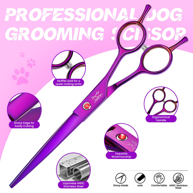 JASON Dog Grooming Scissors Kit, Professional 6 in 1 Dog Scissors Sharp Shears Set - Straight, Thinning, Chunker, Curved Shears and Comb for Long Short Hair for Dog Cat Pet Purple - PawsPlanet Australia