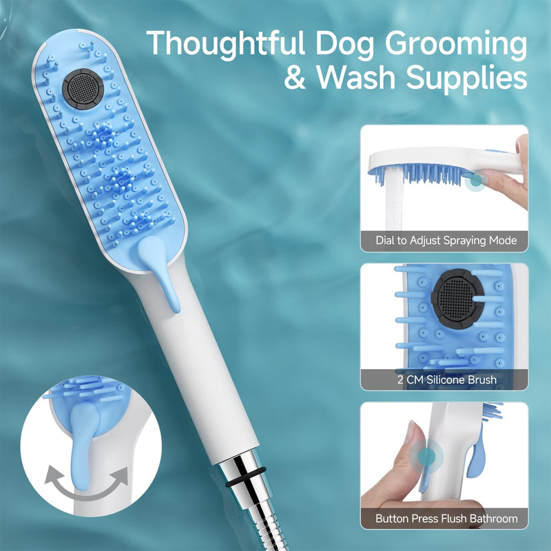 SR SUN RISE Dog Shower Attachment for Thick Haired Dogs, 4 Spray Mode Pet Bath Sprayer with Stainless Steel Diverter Valve & 6.5 Foot Hose, Indoor & Outdoor Dog Washing Grooming Supplies, Blue/White - PawsPlanet Australia