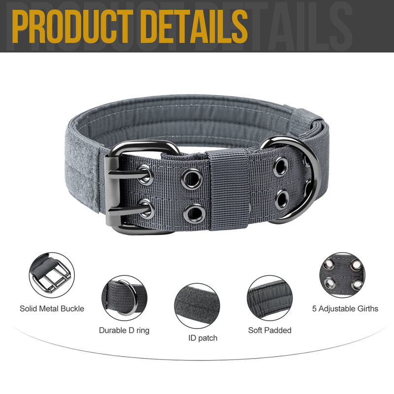 OneTigris Military Adjustable Dog Collar with Metal D Ring & Buckle 2 Sizes (L, Grey) Large - PawsPlanet Australia