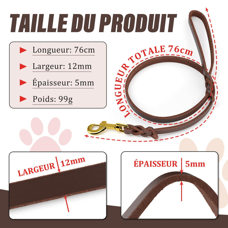 Short Leather Dog Leash 2.5ft/61cm Genuine Leather Dog Lead with Soft Handle Dog Leash for Walking & Training Strong and Durable for Small Medium Dogs, Brown