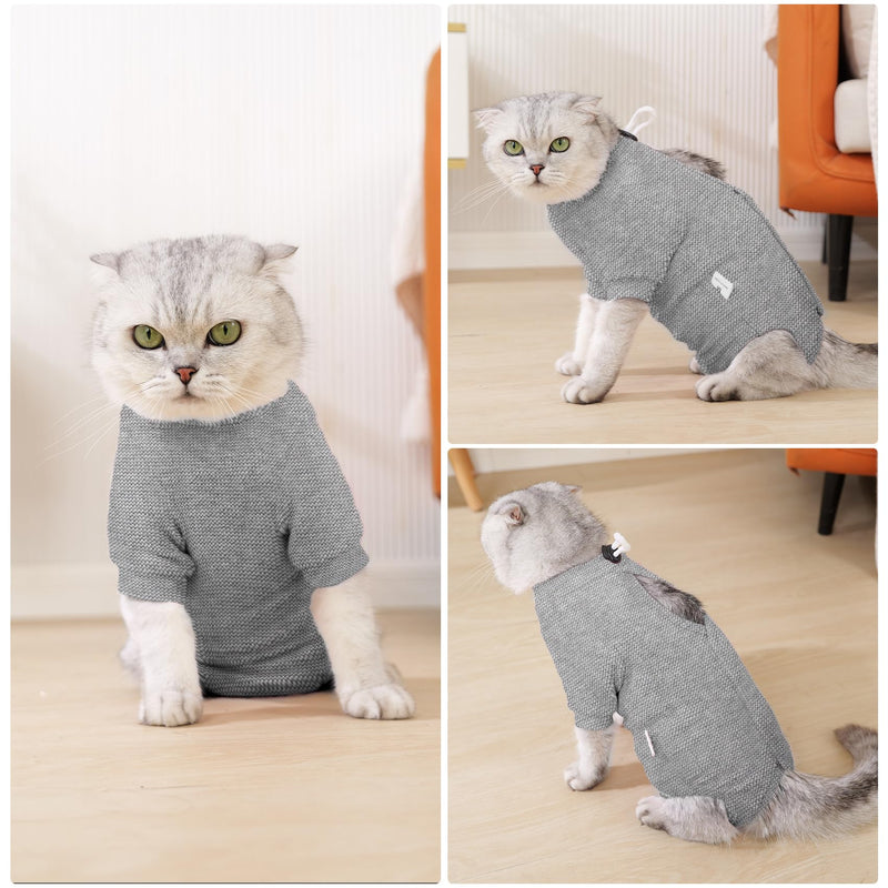Dotoner Cat Surgery Recovery Suit for Female Male Anti-Licking Pet Surgical Pajamas Long Sleeve Prevent Shedding Cat Spay Recovery Suit&E Collar Alternative Bodysuit for Cats L Grey
