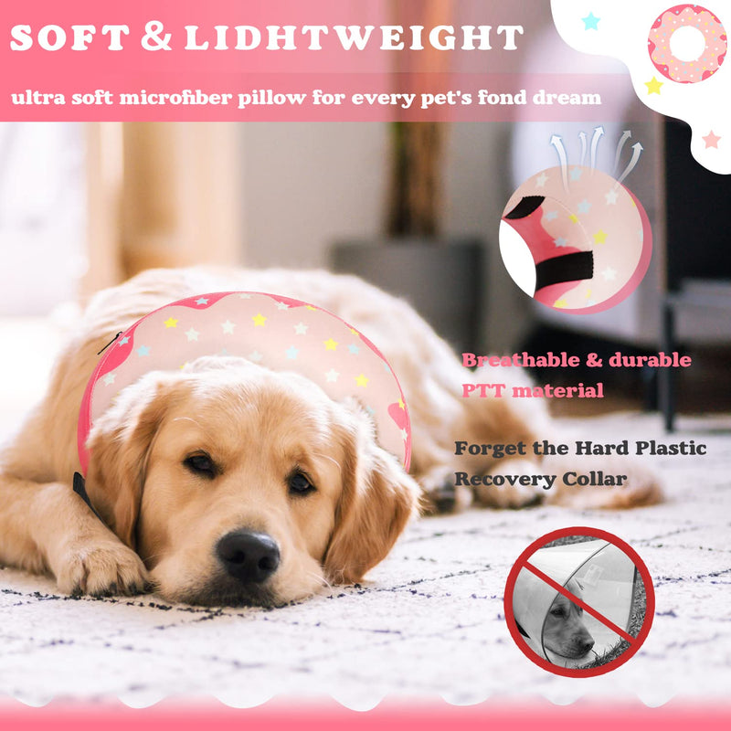 Protective Inflatable Dog Donut Collar Cone for Dogs & Cats-Soft Pet Recovery Dog Cone Alternative After Surgery-Comfortable Cute E-Collar Does not Impede Vision(Meidum Dogs) Pink Star S【Neck 9"-12"】 - PawsPlanet Australia