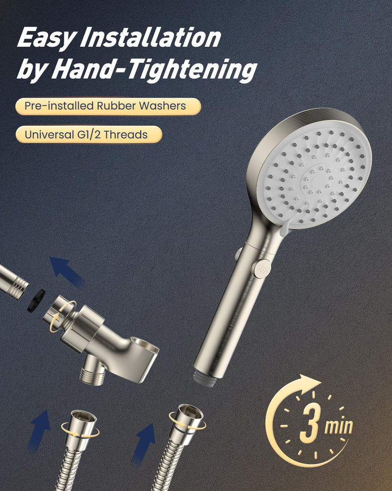 FASDUNT Shower Head with Handheld, High Pressure Handheld Shower Head with 80" Extra Long Stainless Steel Hose & Adjustable Bracket, Showerhead with ON/OFF Switch for Pets Bath, Brushed Nickel 6 Spray-Settings - PawsPlanet Australia
