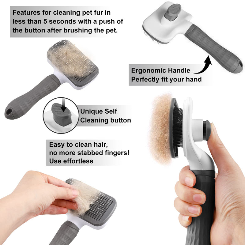 Dog Brush Cat Grooming Comb,Self Cleaning Pet Slicker Brushes with Smooth handle,Dog Grooming Tool with Button for Pet Shedding Brush Cat Massage Clean Tangled Grey - PawsPlanet Australia