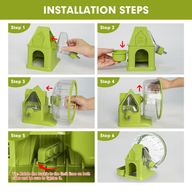 VANNON 4 in 1 Quiet Hamster Exercise Wheel, Multi Functional Hamster House with Running Wheel, Water Bottle, Food Bowl and Hideout, Small Animals Exercise Running Toys for Hamsters Gerbils Mice, Green - PawsPlanet Australia