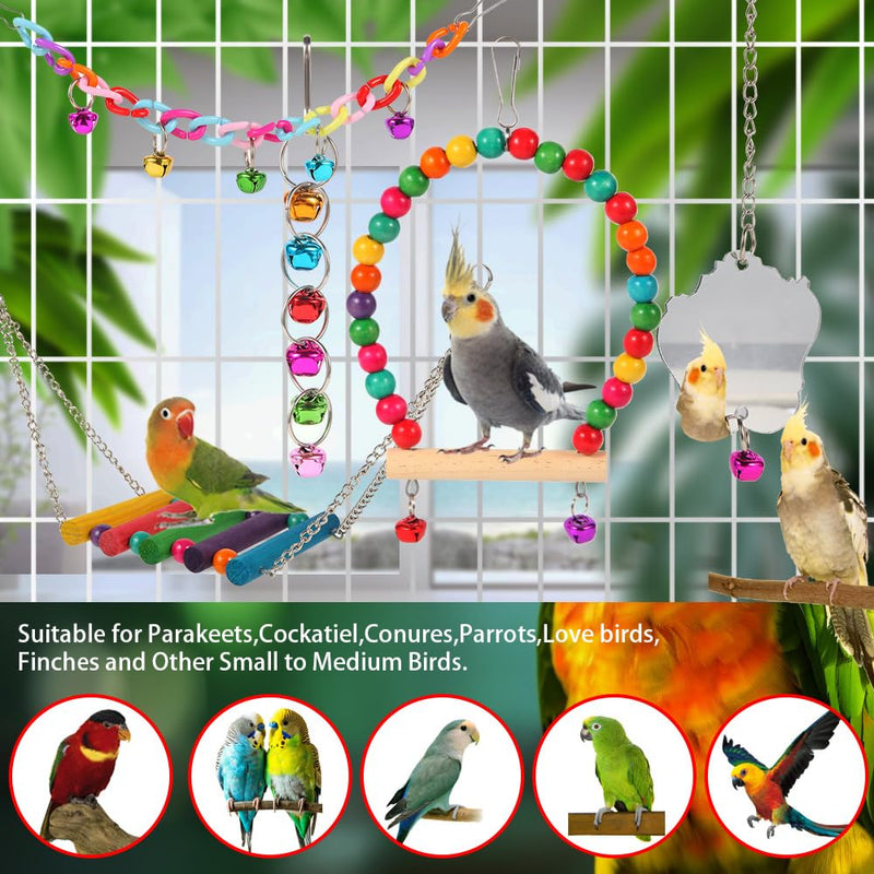 Bird Toys for Parakeets, Parrots, Conures, Cockatiels, Love Birds, Finches, Mynah, Budgerigar - 9Pcs Wooden Ladder Bridge, Swing, Hammock, Cage Accessories - PawsPlanet Australia